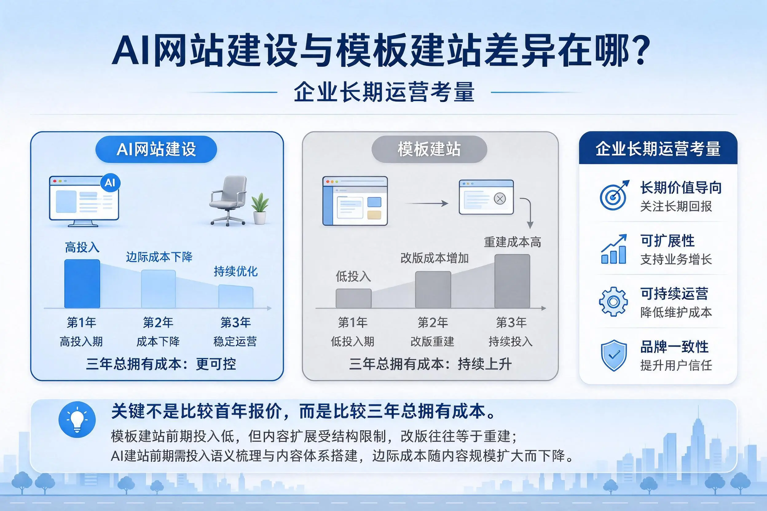 AI网站建设与模板建站差异在哪?海东企业长期运营考量